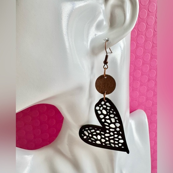 New Vegan Leather Black Heart & Wooden Disk Boho Statement Earrings - 3.25” - Picture 2 of 5